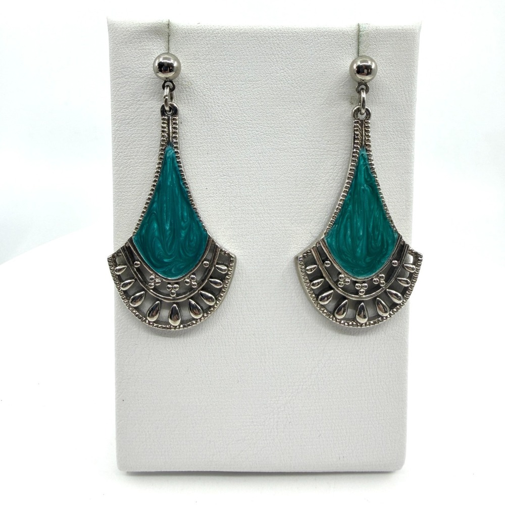 Elegant Teardrop Enamel Dangle Earrings Silver Tone Statement Boho Festival Gift